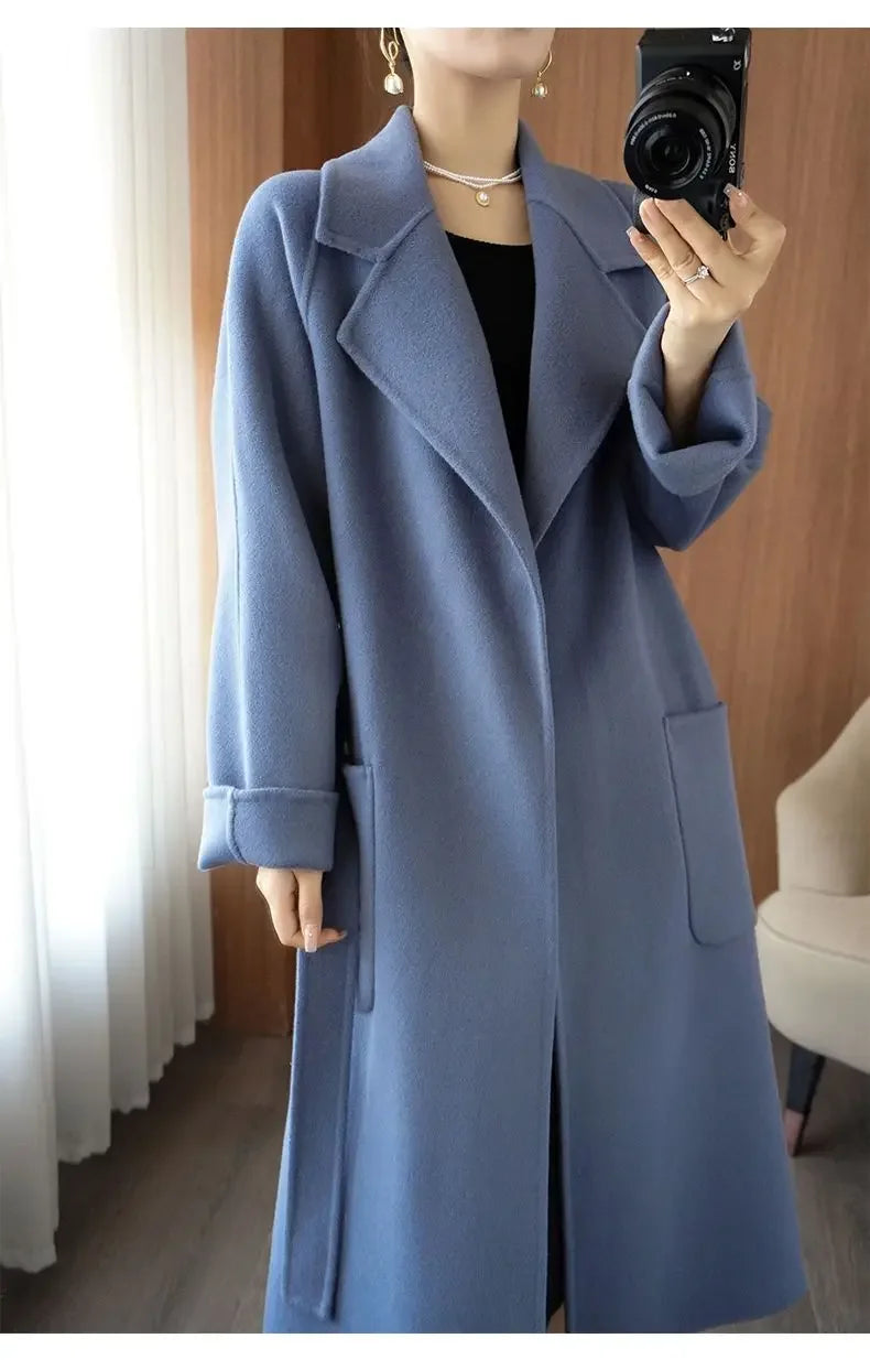 100% Wool Coat Women's Wear 2025 Autumn/Winter Fashion Temperament Double sided Cashmere Coats with Belt Elegant Long Overcoat