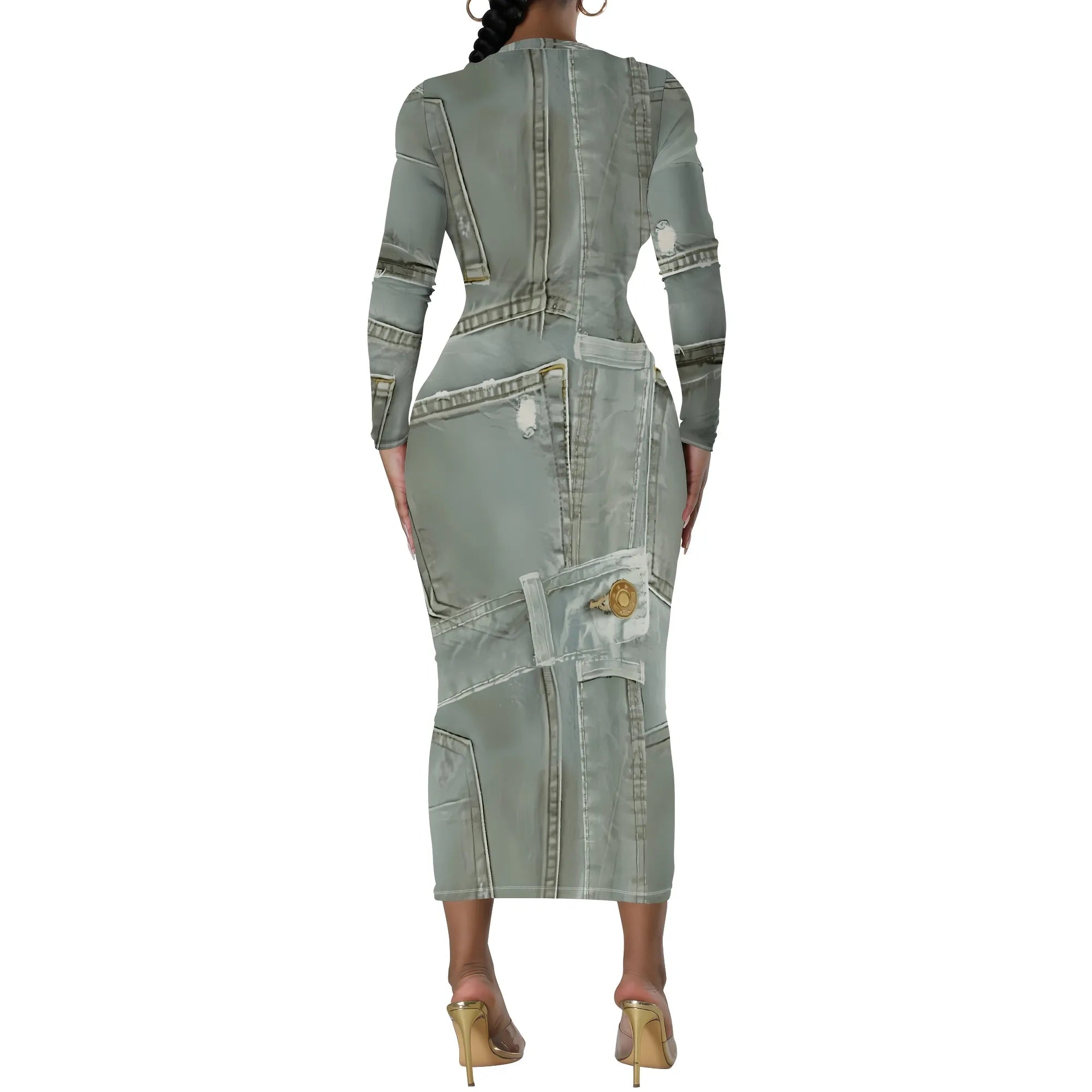 European and American women's fashion temperament casual print slim black dress