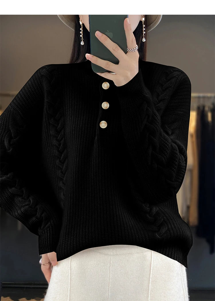 Cashmere Sweater Women's 2023 Autumn/Winter New Knitted Half High Collar Pullover 100% Wool Loose Korean Fashion Luxury Top