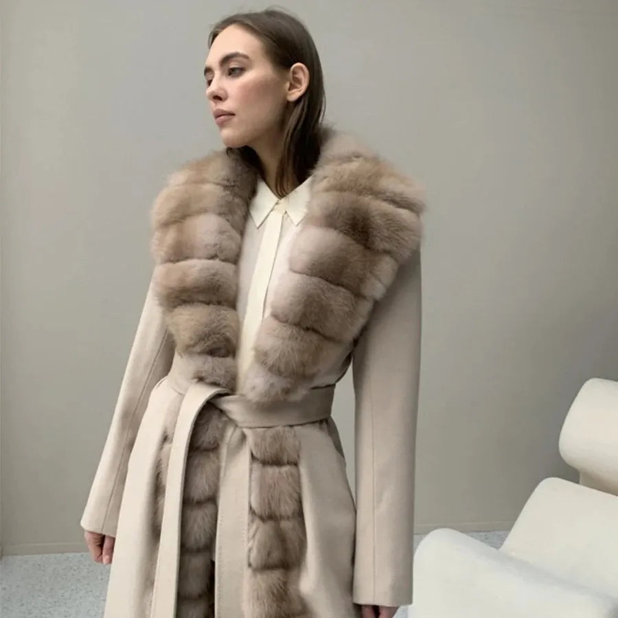 New Cashmere Coat Women Wool Long Real Fox Collar Coat Fashion Winter Warm Wool Blends Coats New Style Best Selling