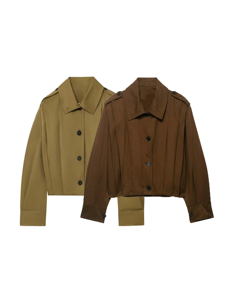 Women's Fashion Pleated Jacket Coat with Pads Lapel Collar Long Sleeve Front Button Chic Outerwear Top