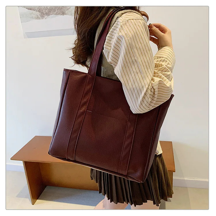 Simple Large Capacity Tote Bags for Women Retro Pu Leather Ladies Shoulder Bag Commuter Portable Girls Student Underarm Handbag