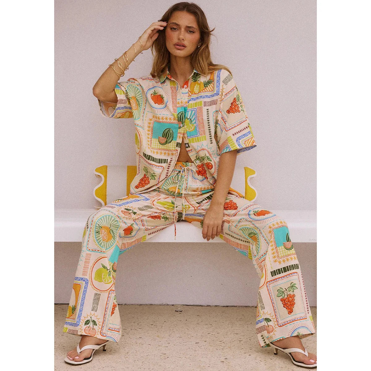 Women Shirt Collar Single Breasted Floral Print Linen Fashion Casual Spring Summer Shrit Pants Suits