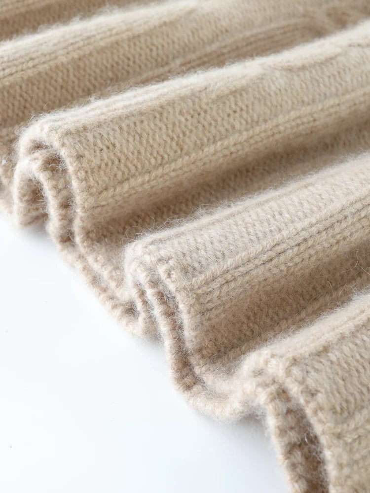 Women 100% Cashmere Sweater Mock Neck Pullover Cable Knitting Vintage Loose Style Thickened Cashmere Knitwear Autumn Winter Tops