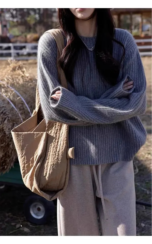 100% Cashmere sweater for women's autumn and winter loose and soft sweater wool knitted sweater round neck base layer