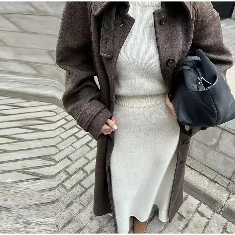 Women's Coat 2025 Winter New Style Dark Brown Long-Sleeve Belted Loose-Fit Long Woolen Coat Fashionable and Stylish