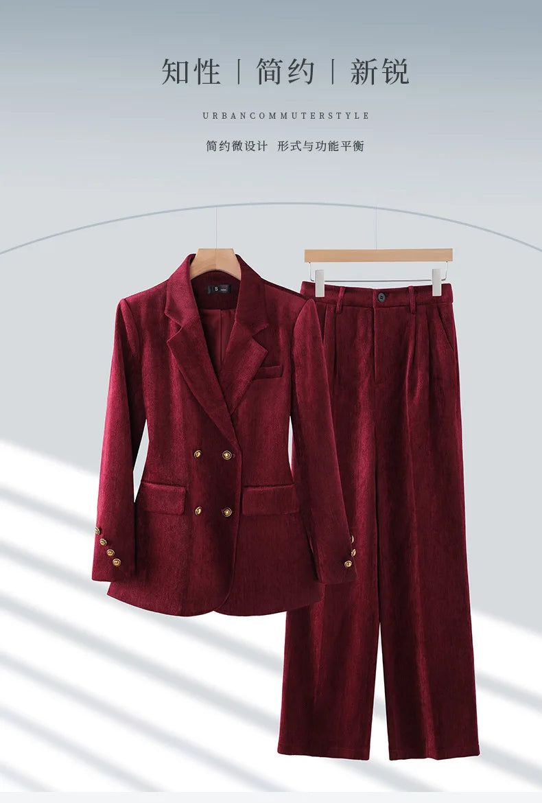 Winter Women Fashion Elegant Corduroy Pantsuit Vintage Chic Blazer Jackets and Pants Two Pieces Set Female Clothes Outfits