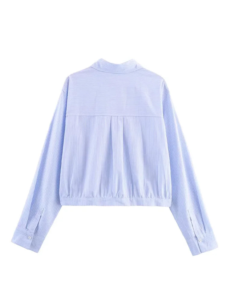 HH Women's 2025 Fashion Versatile Waist Pleated Blue Striped Shirt Female Elegant Lapel Single-Breasted Long-Sleeved Shirt