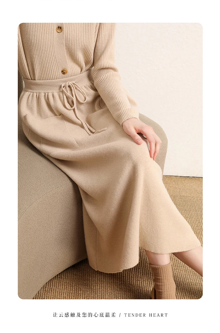 Cashmere Skirt Knitted Skirt Half Skirt, Double Pocket A-Line Skirt Skirts Plus Size Women Long Elegant Dress Women Clothing