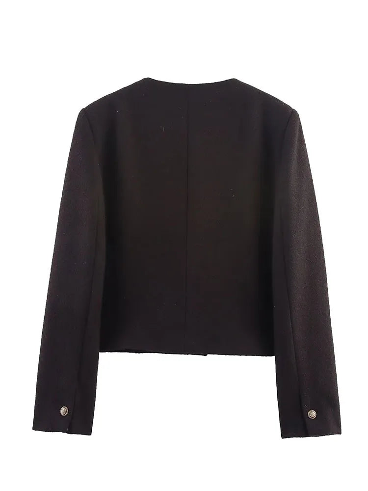 HH Women's Autumn Fashion Tweed Jacket Round Neck Short Woolen Jacket Female Commuter Versatile Fragrant Breeze Casual Coat