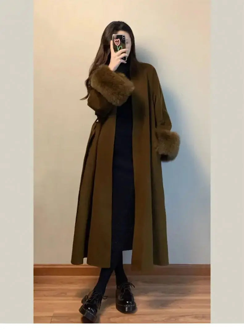 Women Autumn Winter Woolen Coat 2025 New High-End French Style Fur Sleeves Mid-Length Woolen Coat Women Long Coat Loose Outwear