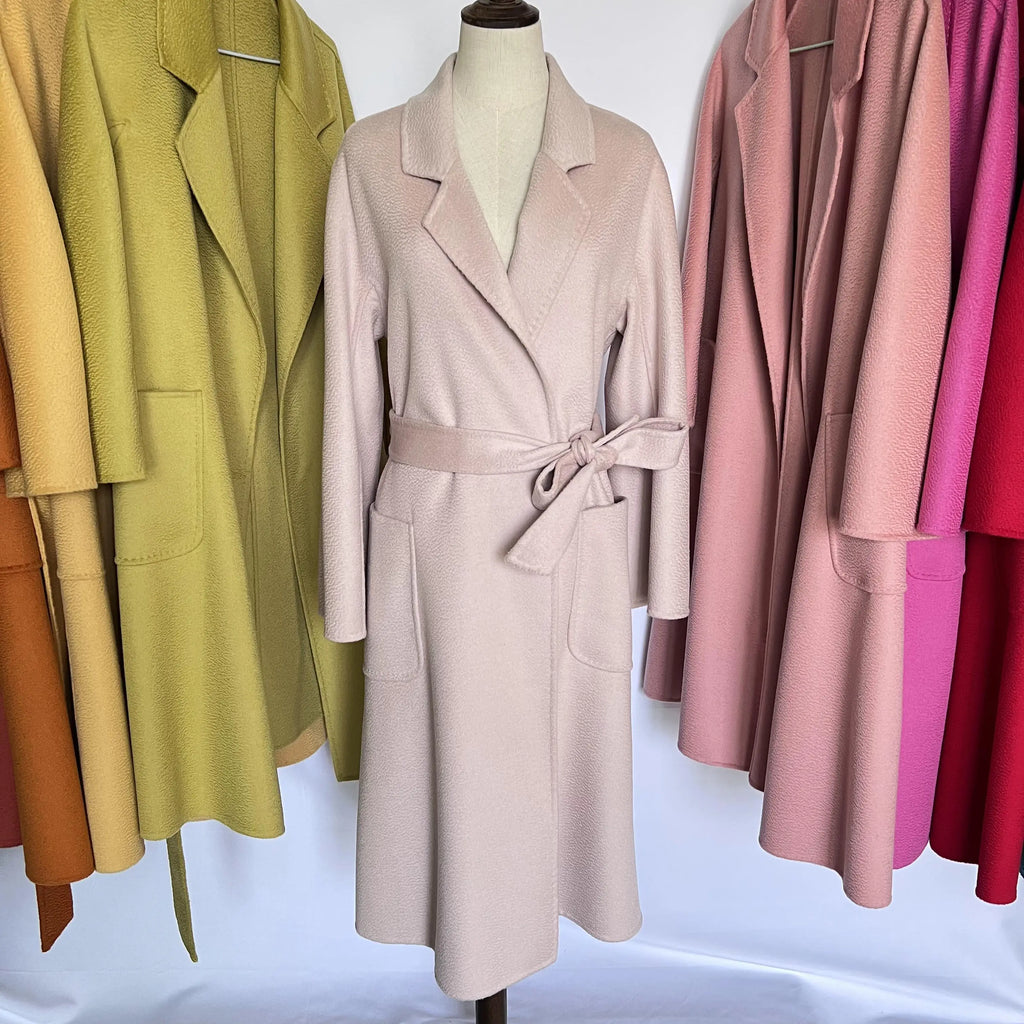 Cashmere Coat Female Winter Mid-Length Corrugated Coat Black Wool Coat Woman Autumn New Casual Fashion Red Beige Lace-Up Coat