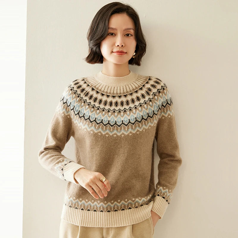 Autumn And Winter New Cashmere Sweater Fashion Women's Retro Round Neck Jacquard Cashmere Knitted Bottoming Shirt With Sweater