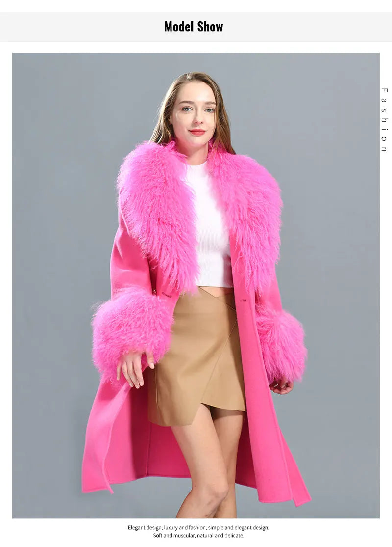 Women Cashmere Wool Coat With Real Mongolian Sheep Fur Collar  Ladies Autumn Winter Fashion Long Outwear Full Sleeve Fur Jacket