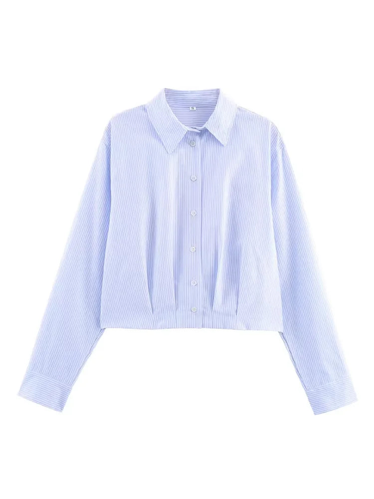 HH Women's 2025 Fashion Versatile Waist Pleated Blue Striped Shirt Female Elegant Lapel Single-Breasted Long-Sleeved Shirt