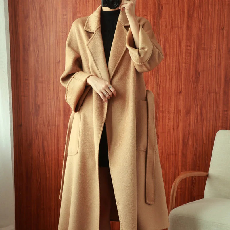 Women Double-Sided 20% Cashmere Wool Coat Jacket Women Long Beautiful Woolen Winter Autumn Warm Fashion Water Ripple Cloak