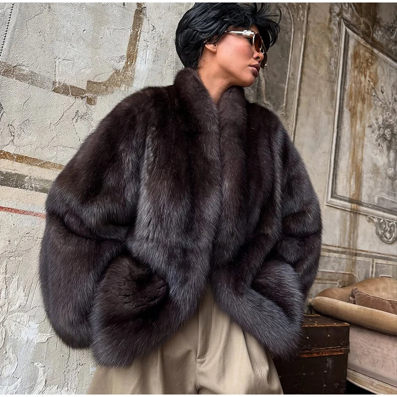 Fashion Medium-length Fur Coat Women Elegant Solid Lapel Hidden Button Loose Coats Lady 2025 Winter New Commute Office Outerwear