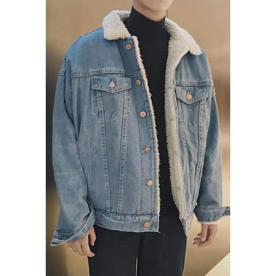 Winter Lamb Wool Denim Jacket for Men Korean Version Trendy Versatile Velvet and Thickened Cotton Men's Jacket Handsome Coat
