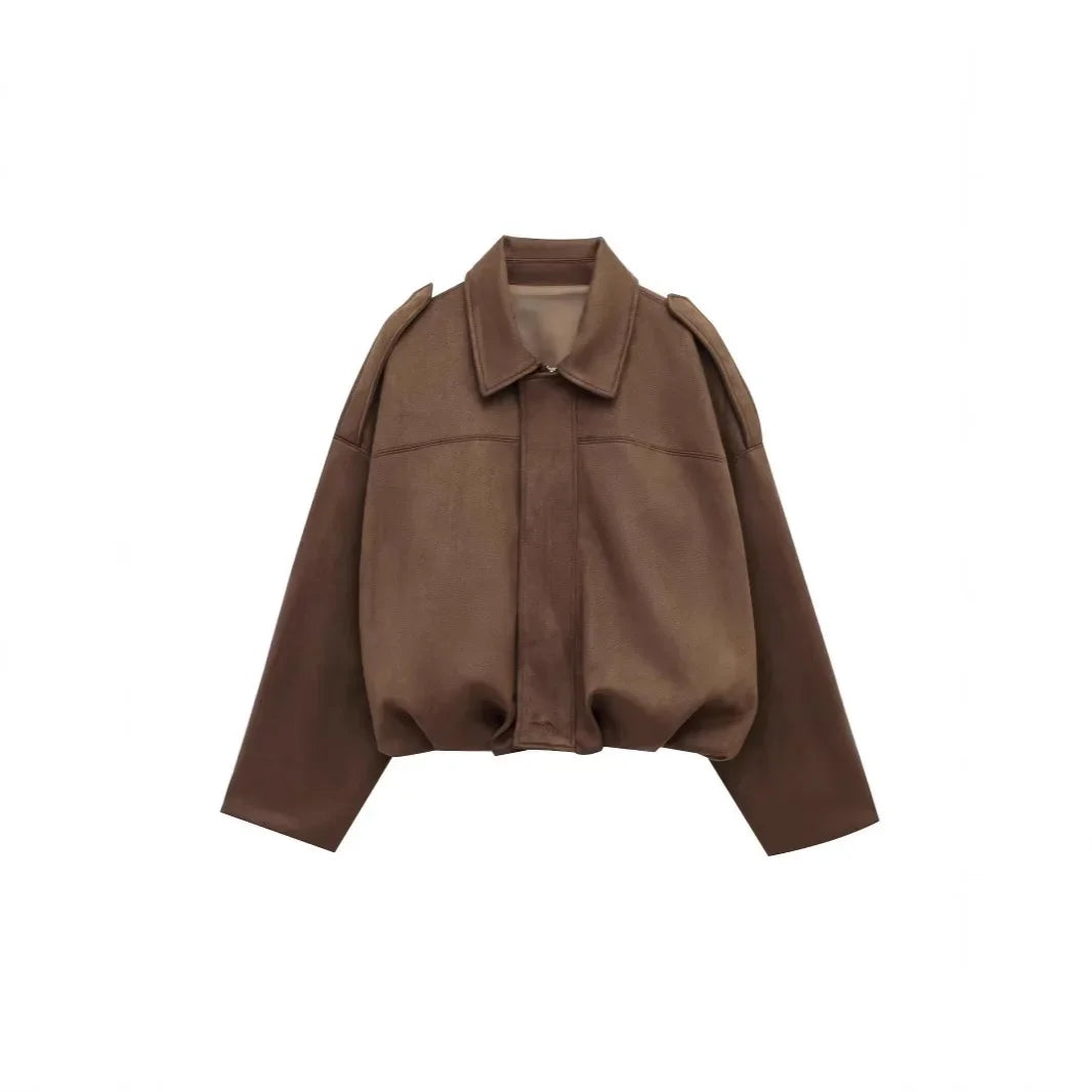 Unique Design Suede Jacket Women's Long Sleeve Waist Cinched Cuffed Flip Collar Pilot Style Fashionable Versatile Outerwear