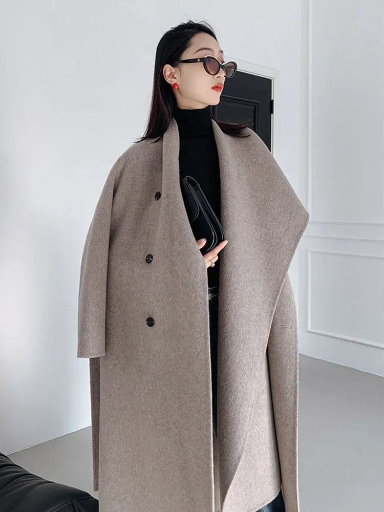 New Hand-sewn Cashmere Wool Coat Women New Mid-length Big Scarf Collar Loose Lace-up Warm Double-sided Wool Coat Fashion Winter