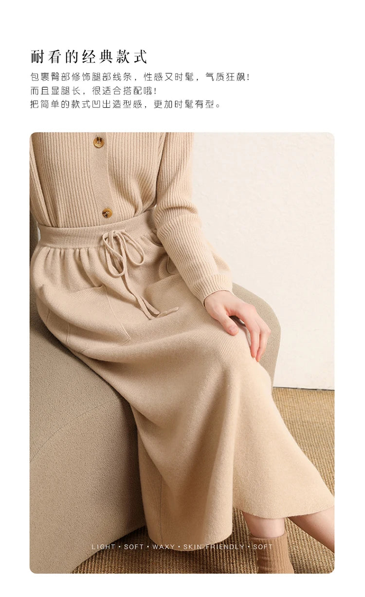 Cashmere Skirt Knitted Skirt Half Skirt, Double Pocket A-Line Skirt Skirts Plus Size Women Long Elegant Dress Women Clothing
