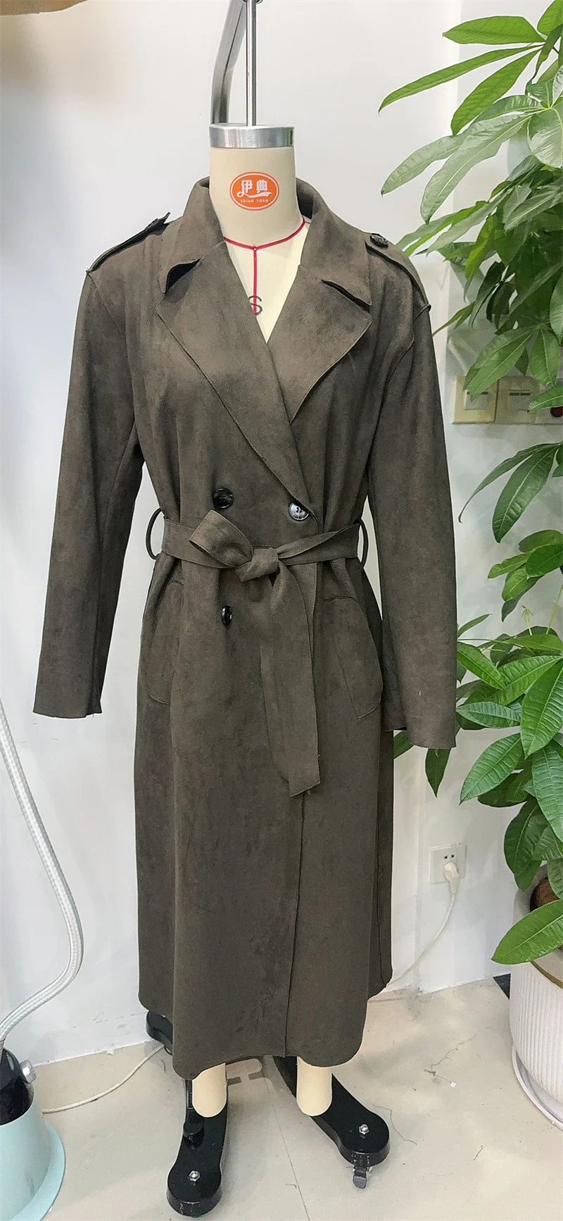 Women's Trench Coat 2025 Autumn New Style Military Green Long Sleeve Suede Effect with Belted Decoration Long Coat Stylish