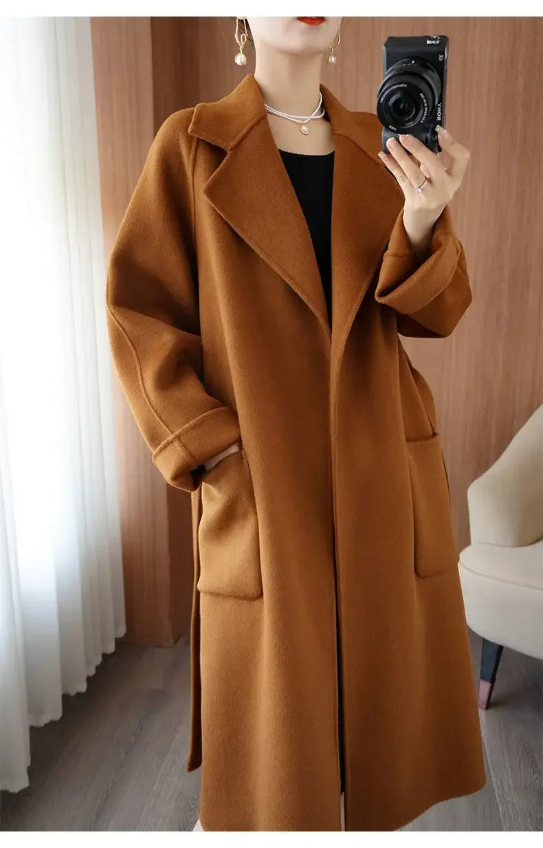 100% Wool Coat Women's Wear 2025 Autumn/Winter Fashion Temperament Double sided Cashmere Coats with Belt Elegant Long Overcoat