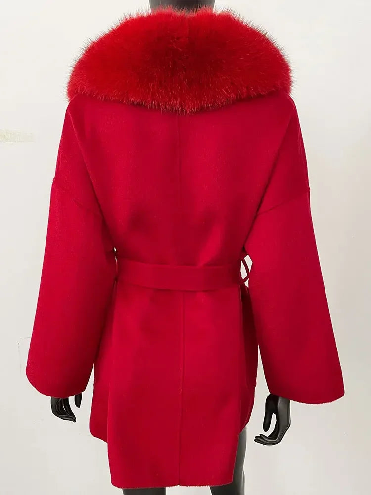 2025 Winter Fashion Women Double-sided Wool Cashmere Coat with Detachable Natural Fox Fur Collar Luxurious Genuine Fur Coat