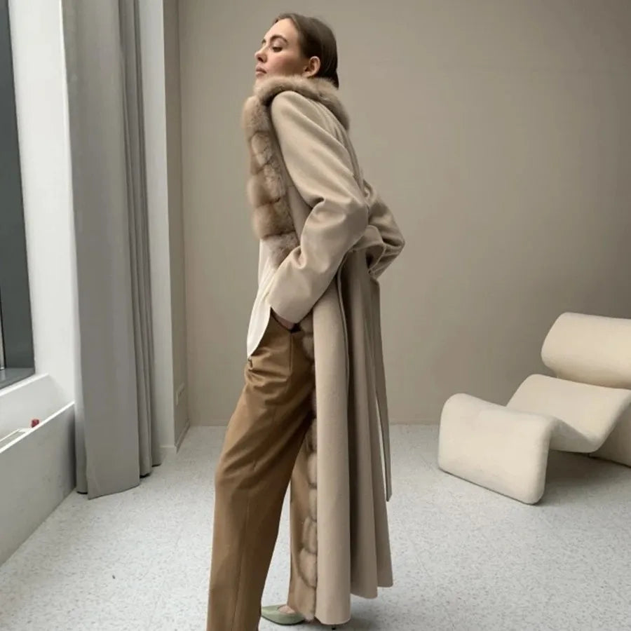 New Cashmere Coat Women Wool Long Real Fox Collar Coat Fashion Winter Warm Wool Blends Coats New Style Best Selling