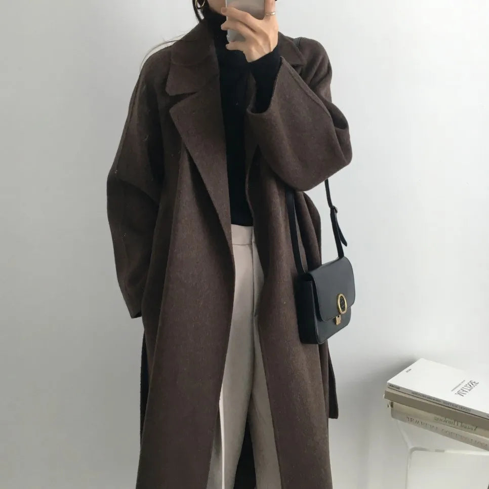 Elegant Woolen Coat Women's 2025 Autumn Winter Mid Length Adjustable Waist Thick Casual Long Sleeve Fashion Wool Coats Female