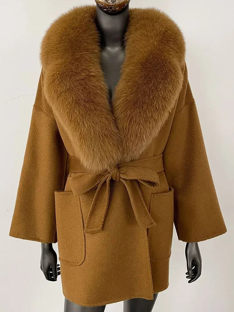 2025 Winter Fashion Women Double-sided Wool Cashmere Coat with Detachable Natural Fox Fur Collar Luxurious Genuine Fur Coat