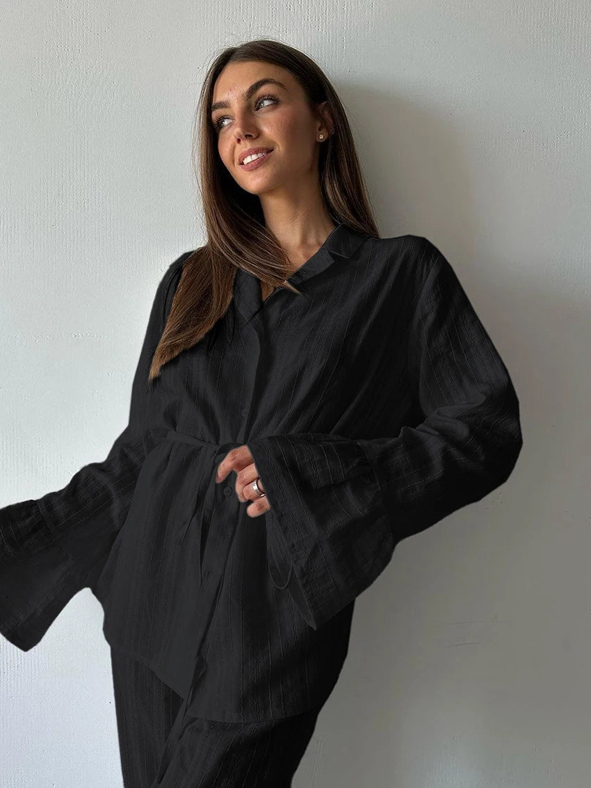 Marthaqiqiq Casual Women Nightgown 2 Piece Suit Long Sleeve Nightwear Turn-Down Collar Sleepwear Pants Loose Home Clothes Ladies