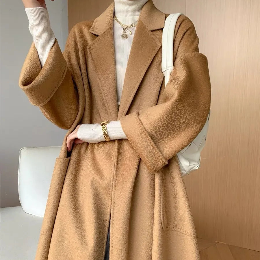2023 New Reversible Cashmere Coat Women Long Below The Knee High-End Water Ripple Wool Coat Autumn Winter Loose Lace-up Outwear