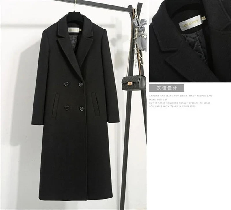 Women's Classic Black Woolen Coat Female Mid-Length Jacket New Korean Version Thicken Woolen Blend Overcoat Autumn Winter