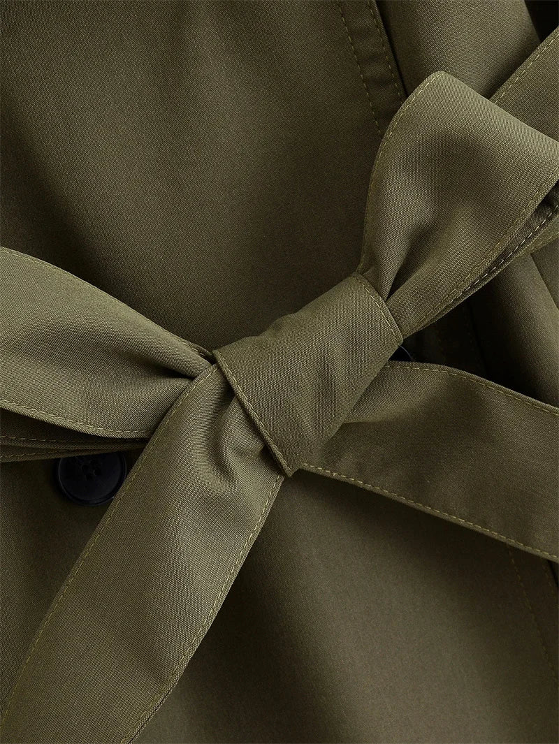 Women's Trench Coat 2025 Autumn New Style Army Green Long Sleeve Double-Breasted Belt Decorated Trench Coat Outerwear British