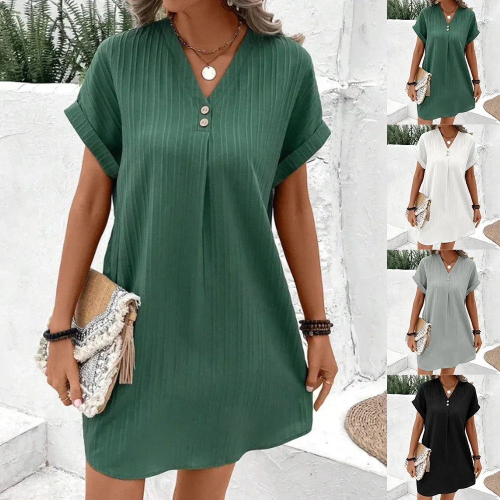 Women's Fashion  Loose T-Shirt Dress Ladies V Neck Short Sleeve Beach Baggy Solid Sundress Clothing