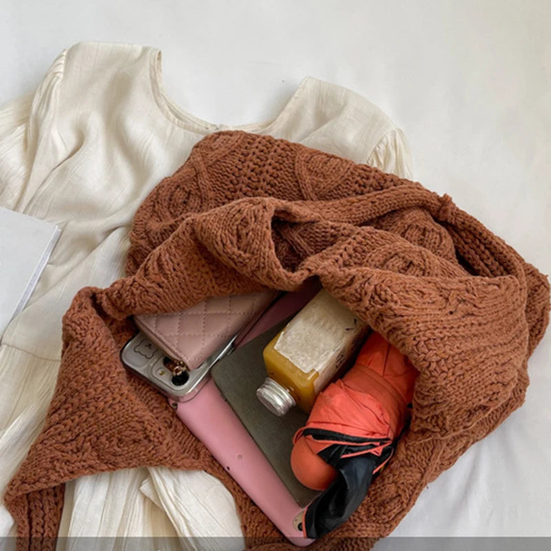 Wool Knitted Shoulder Shopping Bag for Women Vintage Cotton Cloth Girls Tote Shopper Bag Large Female Handbag Crochet Bag