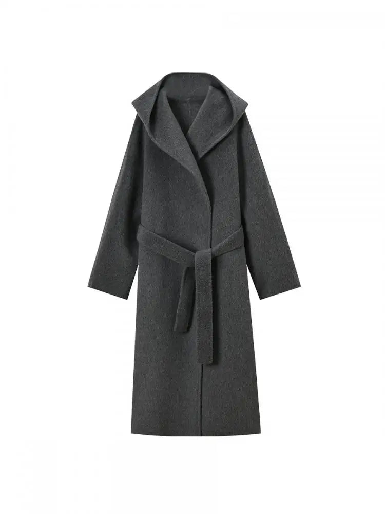Office Lady Cashmere Woolen Jackets 2024 Autumn And Winter High-Grade Hooded Bathrobe Style Loose Lace-Up Long Women Wool Coats