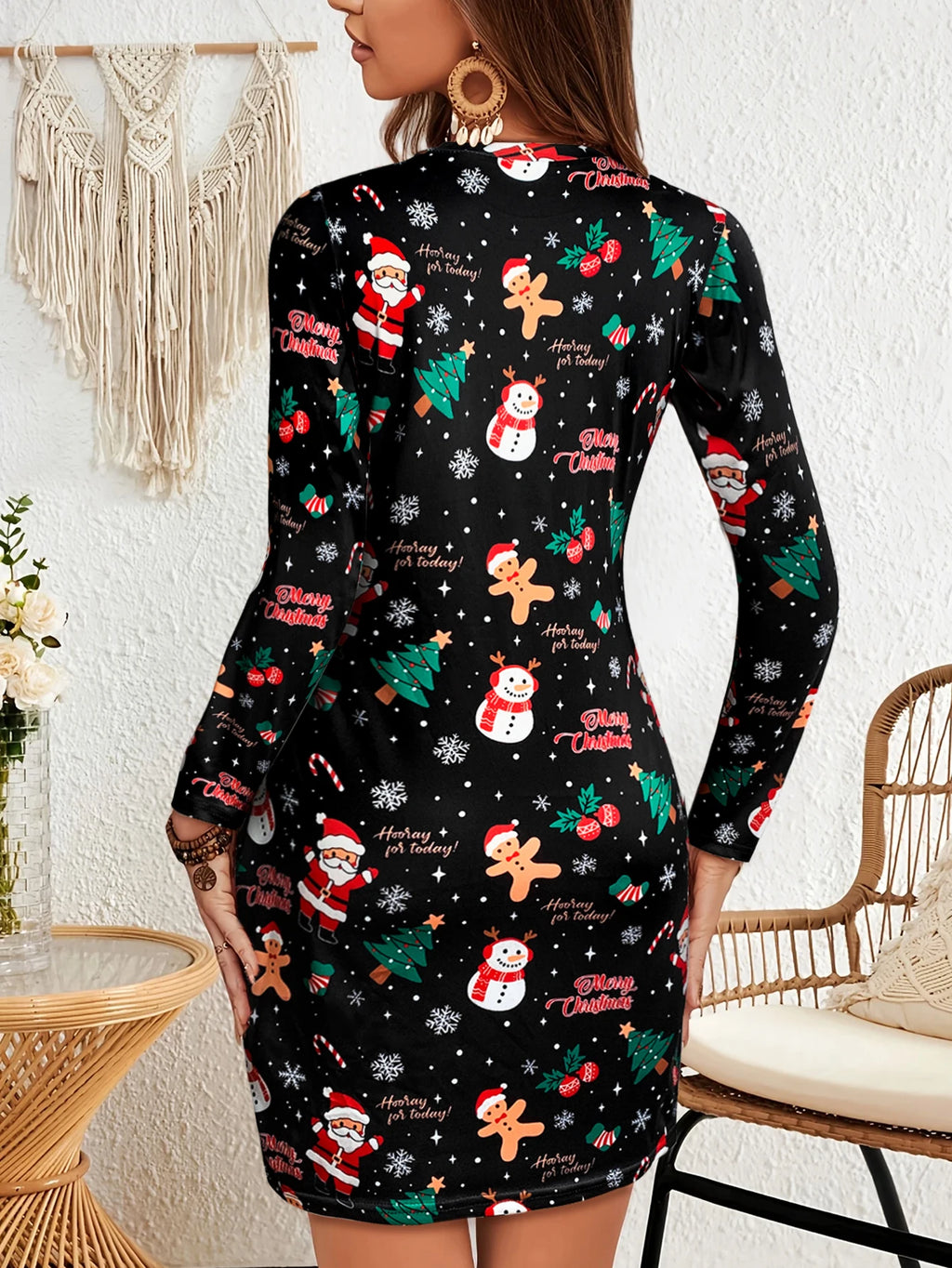 Women's Christmas - Themed Long - Sleeve Mini Dress, Round Neck, Fun Festive Prints, Great for Daily Christmas Outings and Casua
