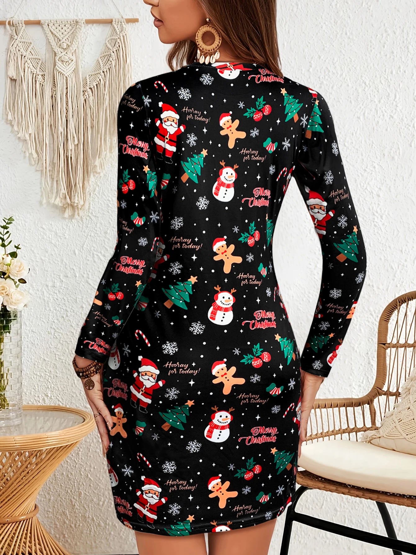 Women's Christmas - Themed Long - Sleeve Mini Dress, Round Neck, Fun Festive Prints, Great for Daily Christmas Outings and Casua