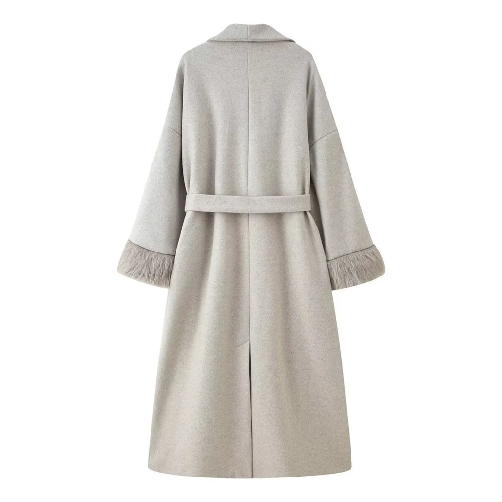 Women's Elegant Woolen Coat Lady Turn-Down Collar With Belt Full Sleeved Outerwear Female Bathrobe Styled Thicken Long Jackets