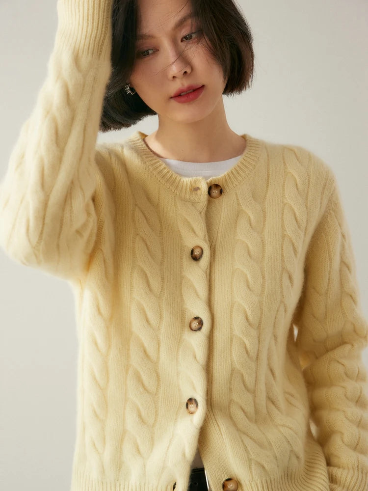 Luxury Women 100% Cashmere Sweater O-neck Cardigan Cable Knitting Thick Sweater Coat Autumn Winter Heavyweight Cashmere Clothes