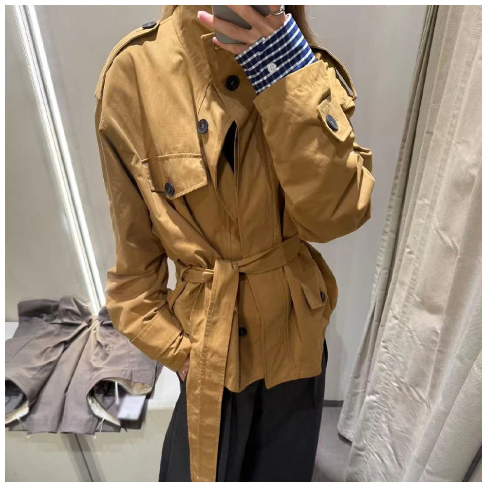 Women Fashion Cinched Waist Short Workwear Jacket Stand Collar Belted Trendy And Versatile Trench Coat Casual Stylish Streetwear