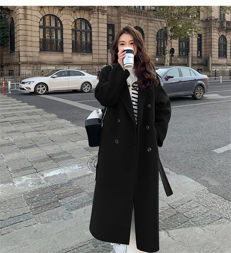 100% Wool Coat Women's Wear 2024 Autumn/Winter Fashion Temperament Double sided Cashmere Coats with Belt Elegant Long Overcoat