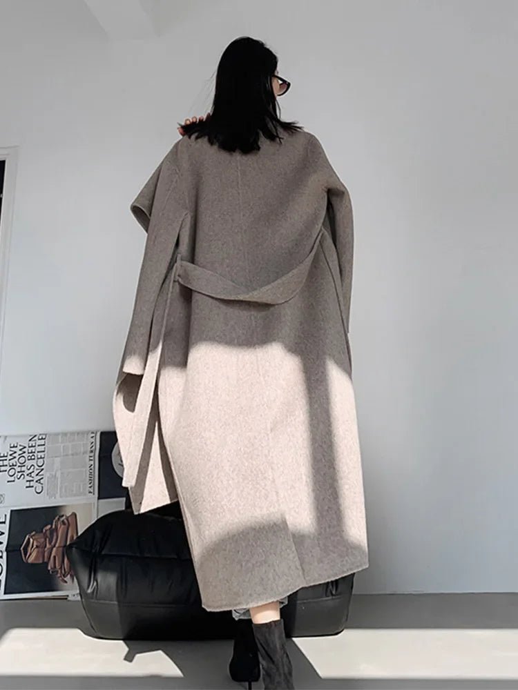 New Hand-sewn Cashmere Wool Coat Women New Mid-length Big Scarf Collar Loose Lace-up Warm Double-sided Wool Coat Fashion Winter