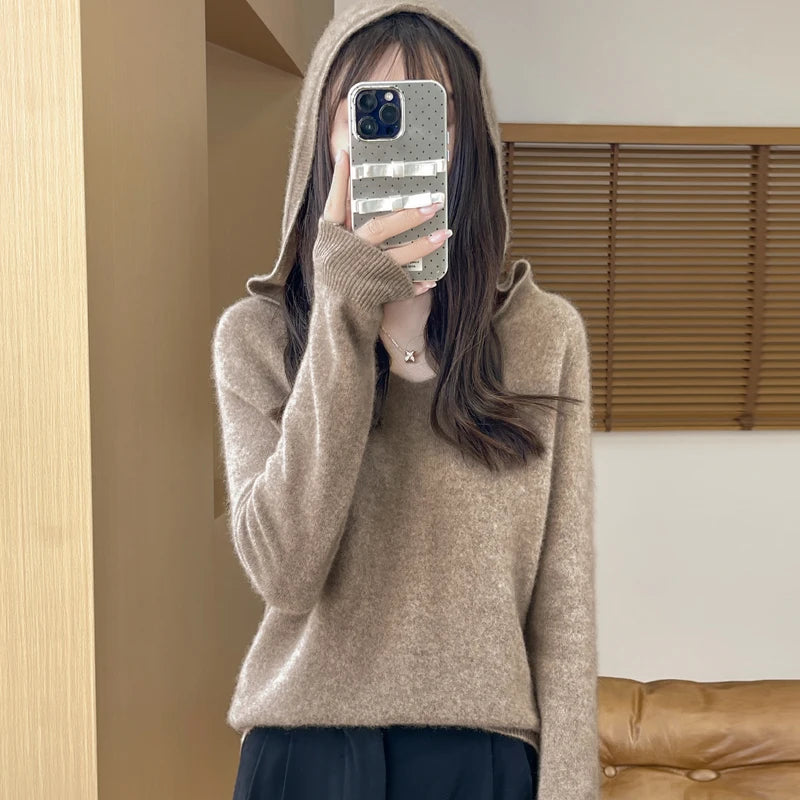 Women Autumn Winter Clothing Hooded Collar Pullover 100% Merino Wool Sweater New Fashion Cashmere Tops Bottoming Knitwear Soft