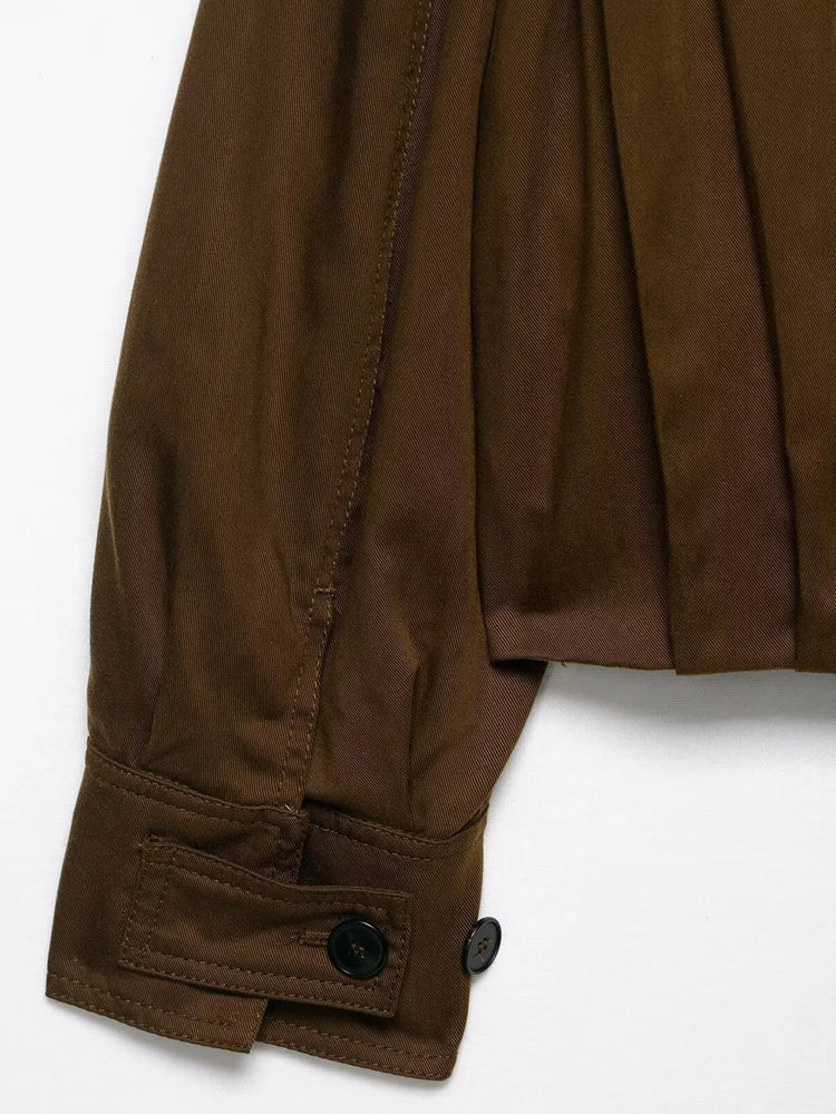 Women's Fashion Pleated Jacket Coat with Pads Lapel Collar Long Sleeve Front Button Chic Outerwear Top