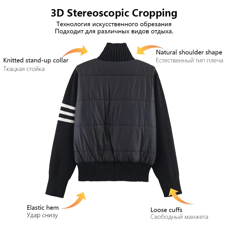 Womens Jacket Stand Collar Quilted Patchwork Knit Sleeves Casual Versatile Jacket Essential Autumn And Winter Item Trafizaran