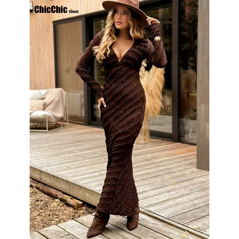 Women Clothing Party Dress V Neck Evening Dress Sexy Party Maxi Female Dress 2026 New Long Sleeves Solid Clothes