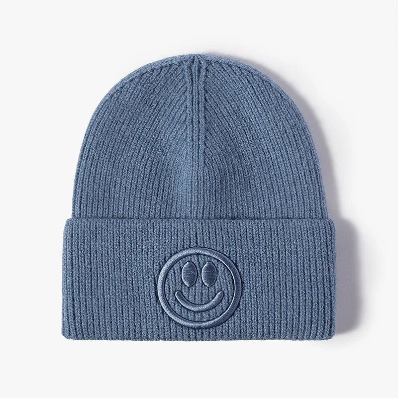 Wool hat female Korean versioncartoonsmiley face embroidered knittedautumn andwintermen'soutdoorwarm thickened brimless cold hat